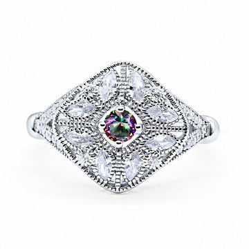 Art Deco Ring Marquise Filigree Simulated Rainbow CZ 925 Sterling Silver